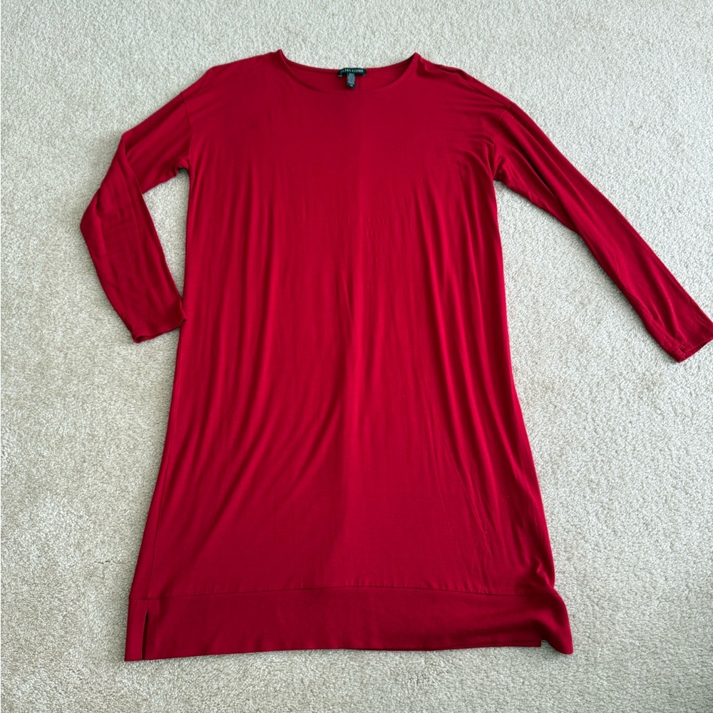 Eileen Fisher Red Knit Tunic Size Small 3/4 Sleeves Lightweight Split Sides